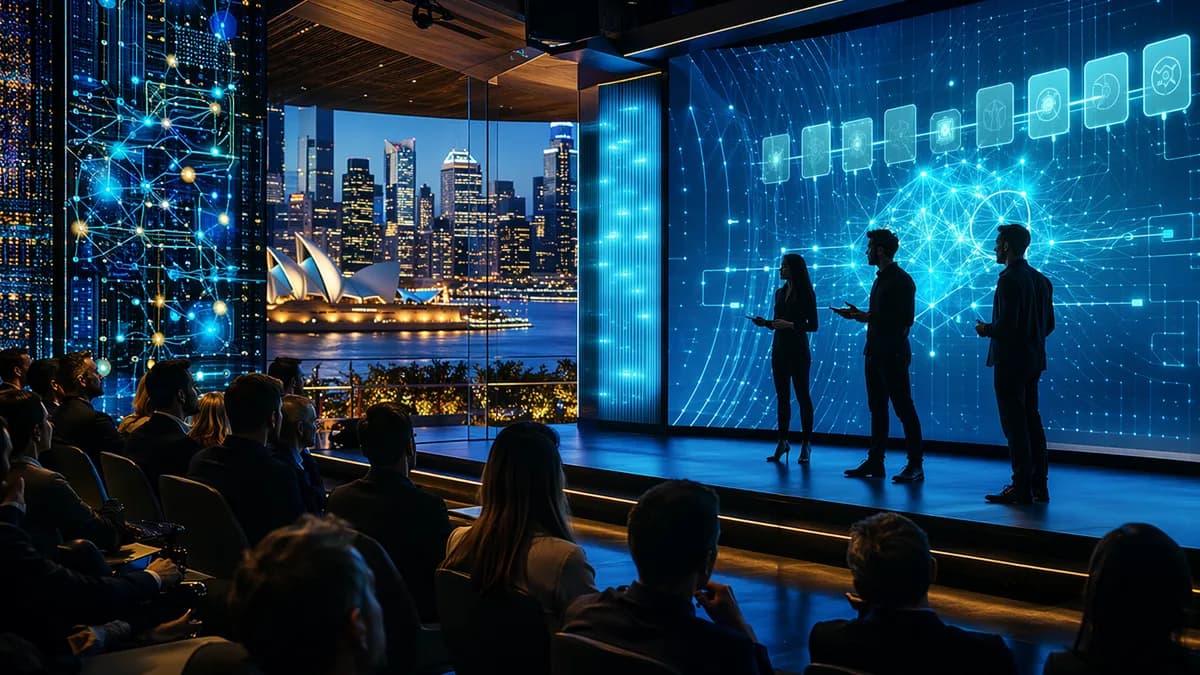Sydney startup pitch arena with founders, investors, holographic tech visuals, and futuristic workspace lighting