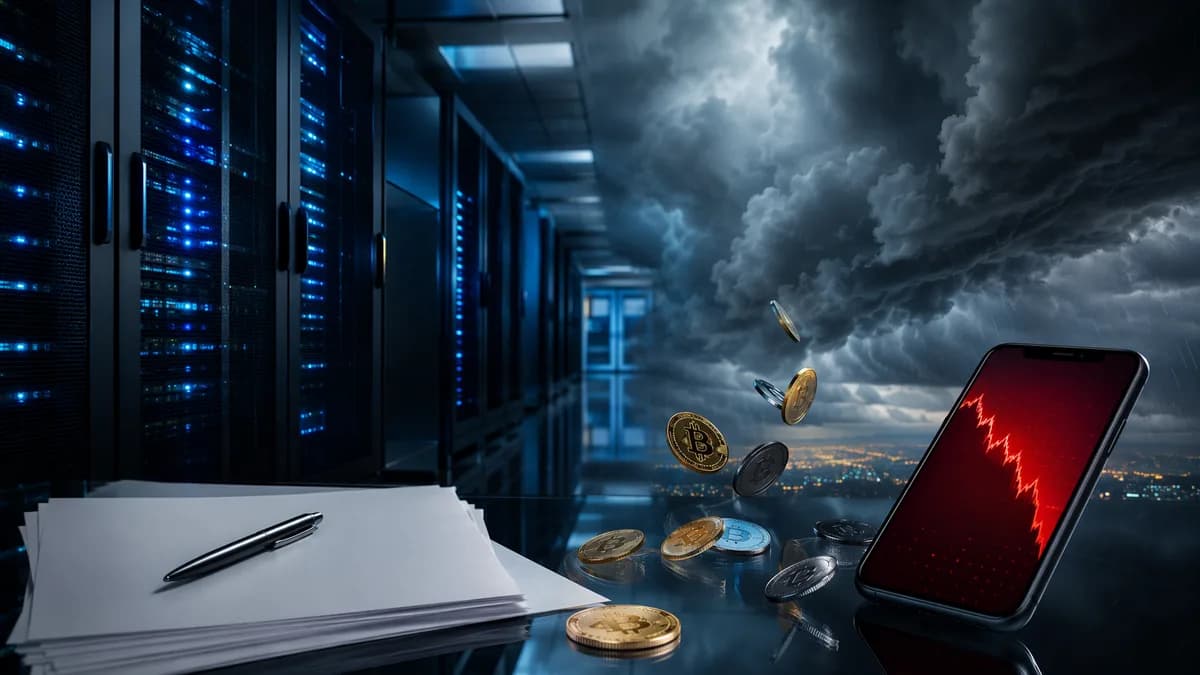 Stormy cloud data center with blank legal papers and generic crypto tokens sliding downward.