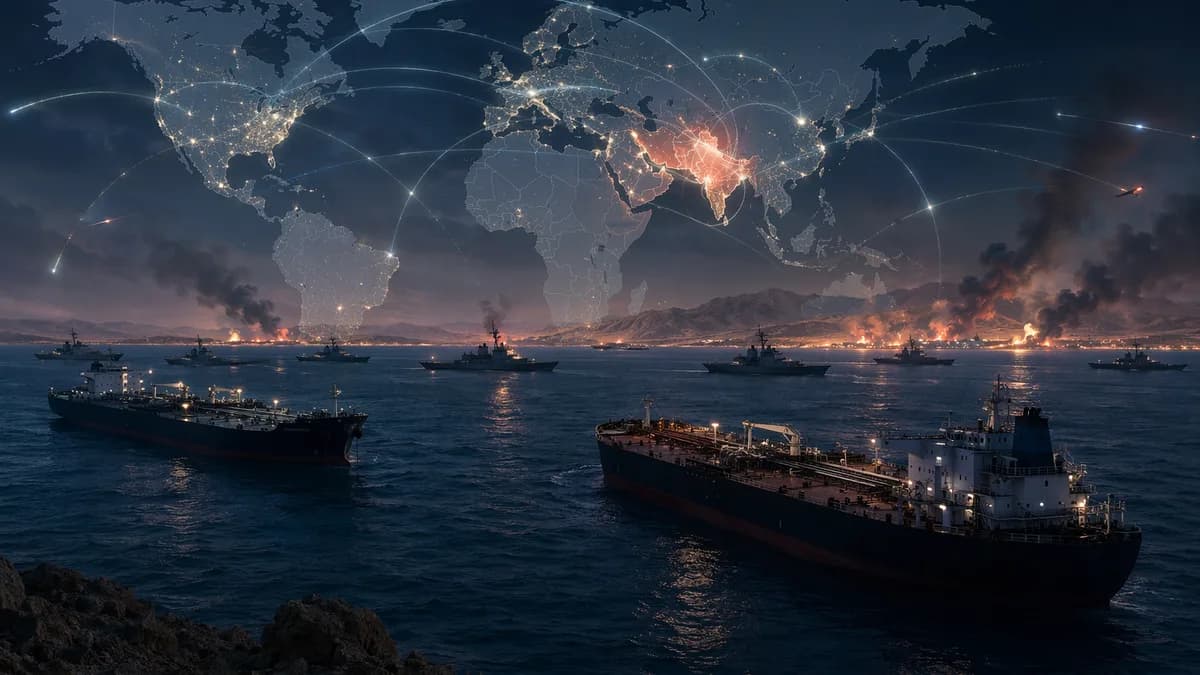 Naval blockade near Hormuz with oil tankers, world map overlay, and tense Middle East night sky.