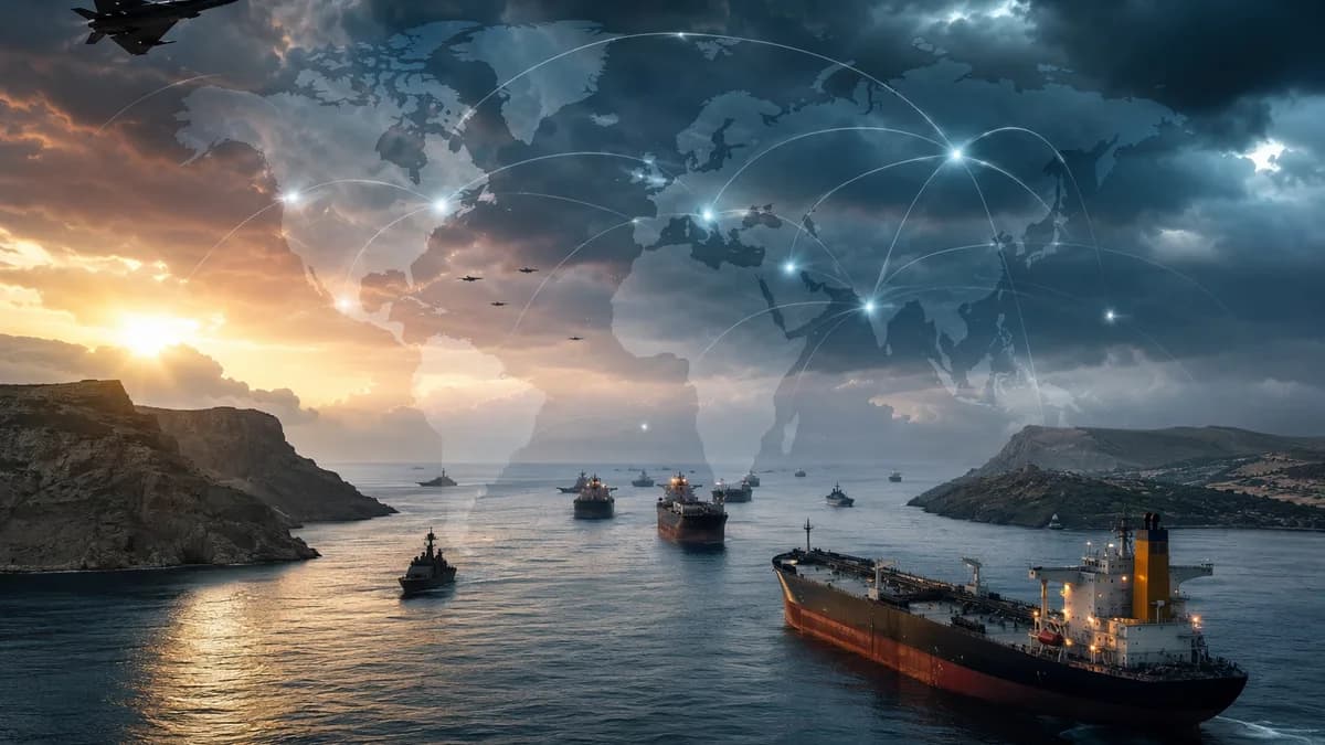Tense Strait of Hormuz scene with oil tankers, naval forces, and global trade route connections.