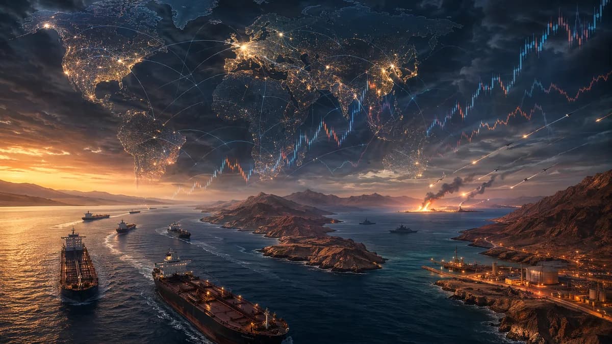 Tense Strait of Hormuz scene with oil tankers, global map connections, naval silhouettes and distant strikes.