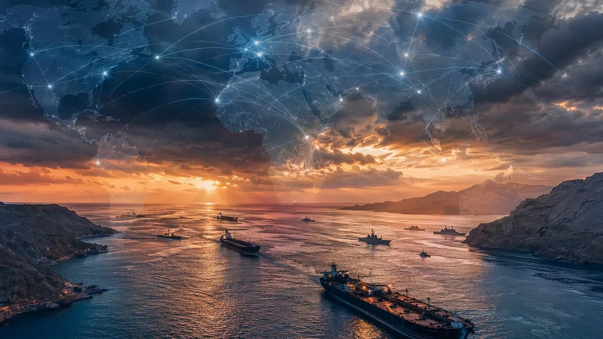 Oil tankers cross the Strait of Hormuz under tense skies with global connection map overlay.