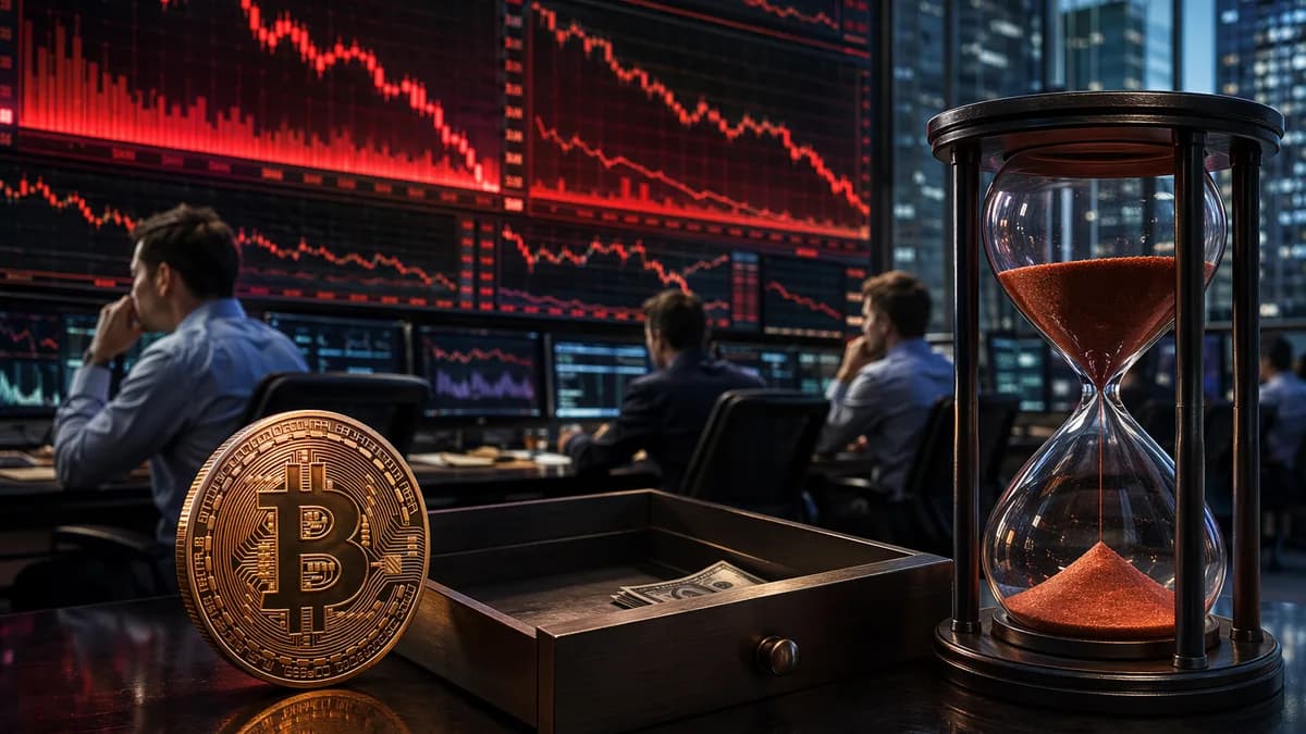 Trading desk with Bitcoin coin, falling market charts, hourglass, and thinning cash reserves.
