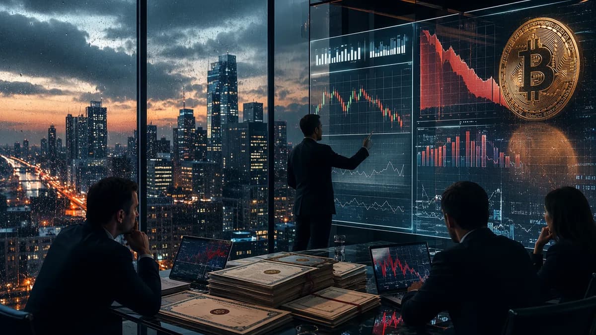Corporate crypto treasury scene with bitcoin, debt claims, and falling market visuals in a boardroom.