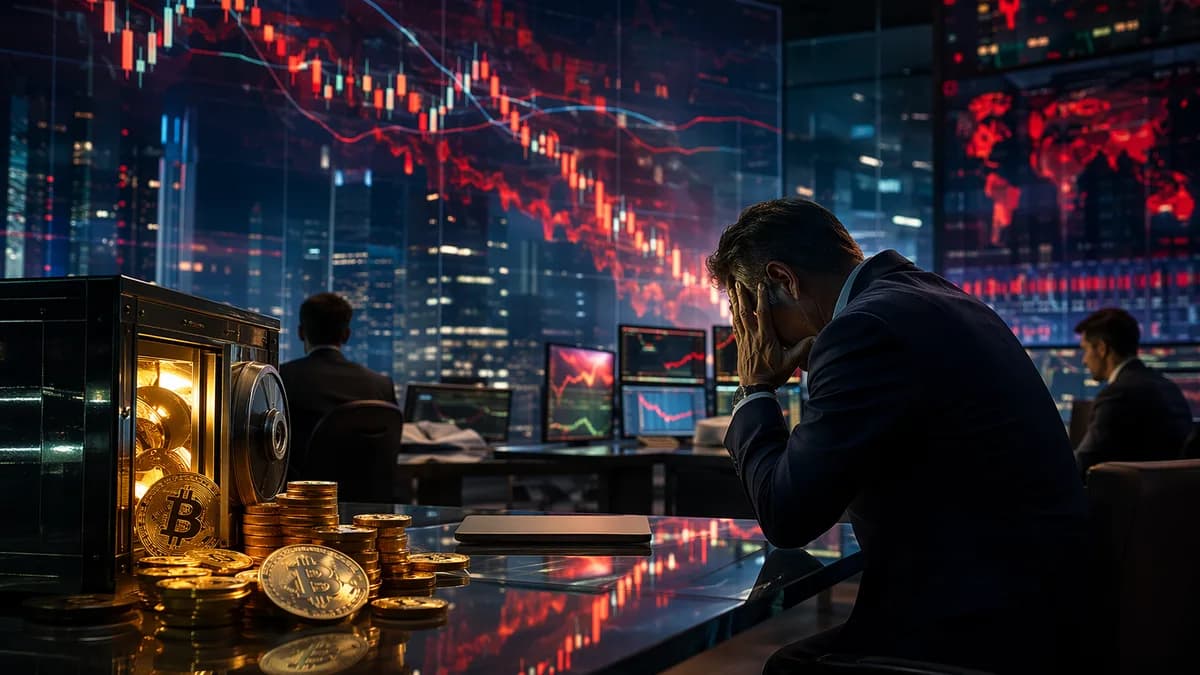 Worried executive on a crypto trading floor amid falling charts and bitcoin liquidity pressure
