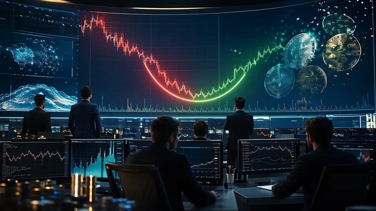 Crypto trading floor with selloff chart bottoming and stabilizing amid market data displays