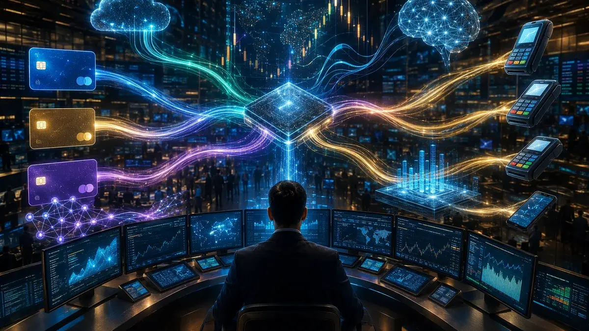 Futuristic payment hub routing AI model data streams across digital finance infrastructure.