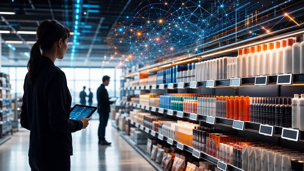 Futuristic retail aisle with blank digital shelf labels and AI data streams symbolizing pricing regulation.