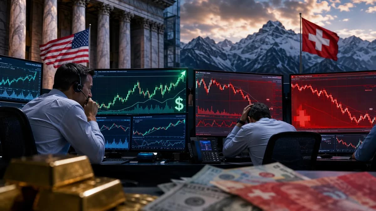 Forex trading desk showing dollar strength against Swiss franc ahead of a Fed decision.