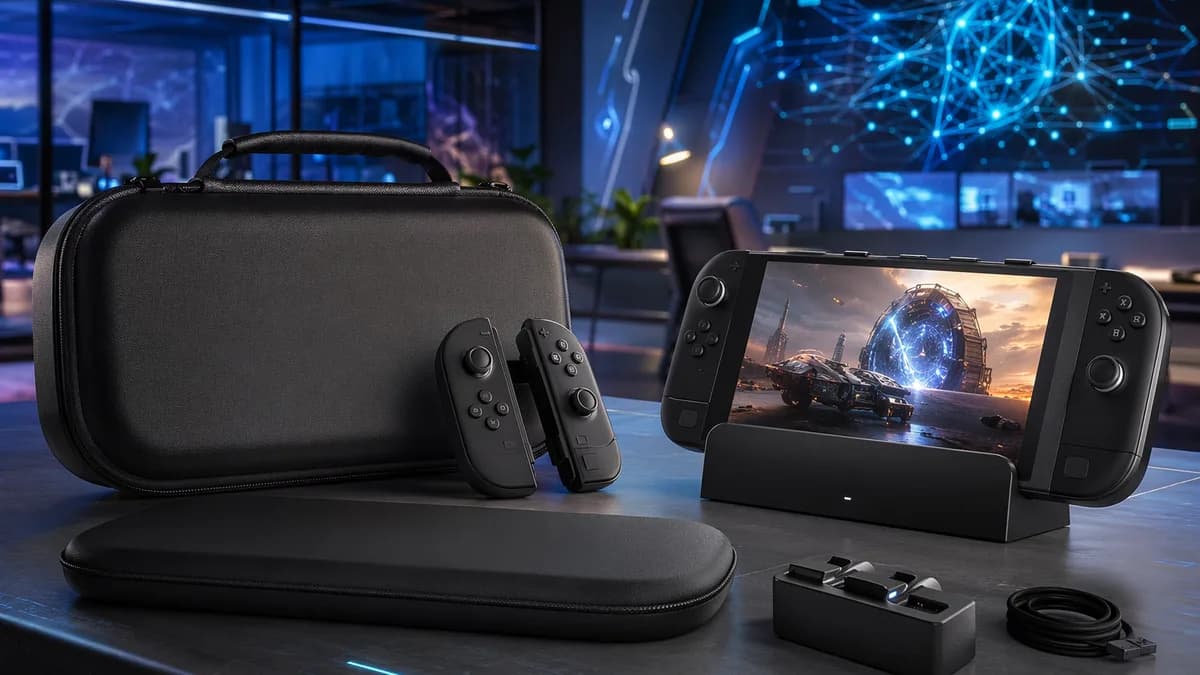 Generic handheld console in a rugged travel case beside a dock in a futuristic tech workspace.