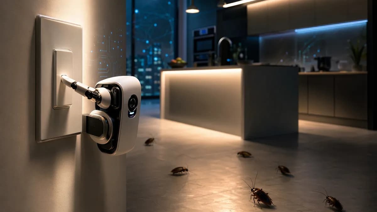 Smart robot finger presses a kitchen light switch as cockroaches flee into the shadows.