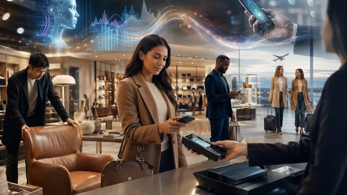 Consumers using digital payments for travel, luxury and home goods in a modern fintech retail scene.