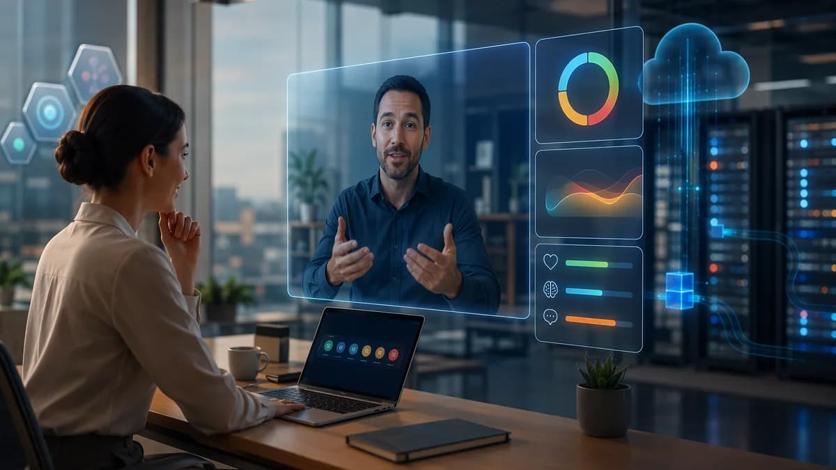 Worker roleplays with an AI avatar in a modern SaaS coaching dashboard.