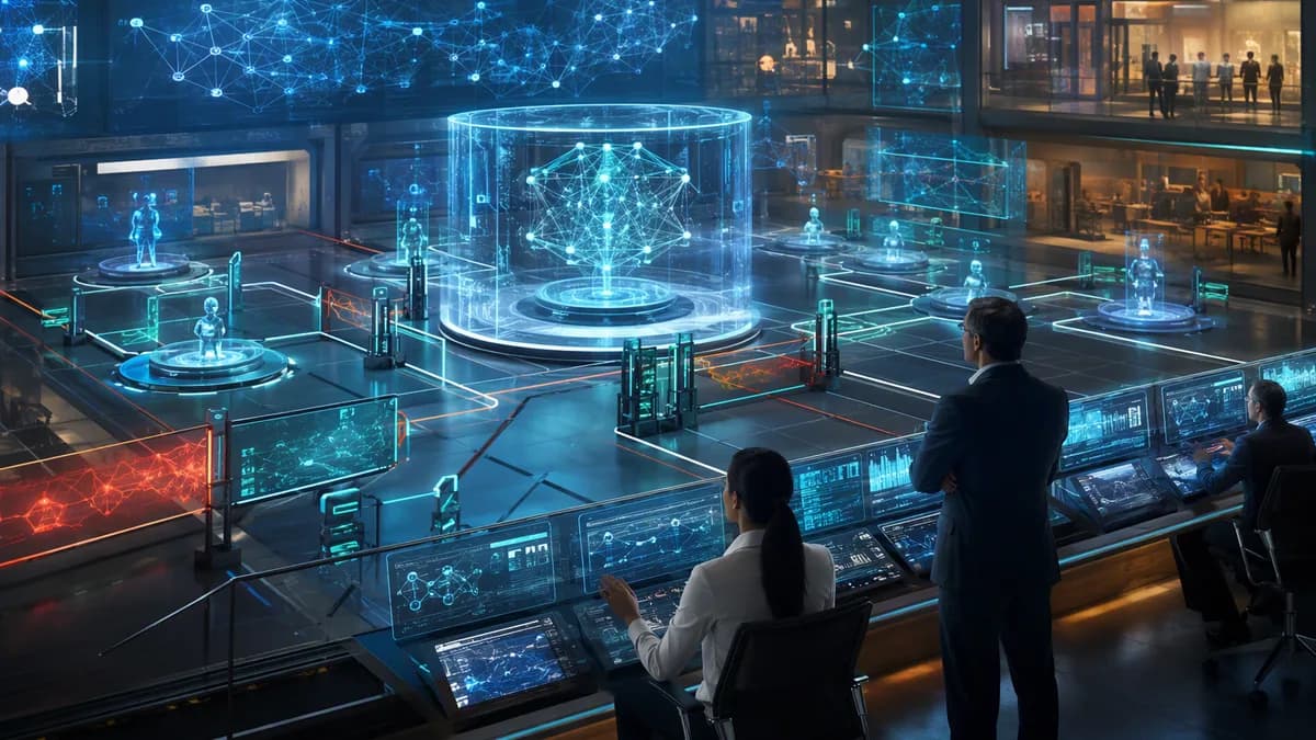 Futuristic retail AI governance hub with agent nodes, guardrails, screens, and human oversight.