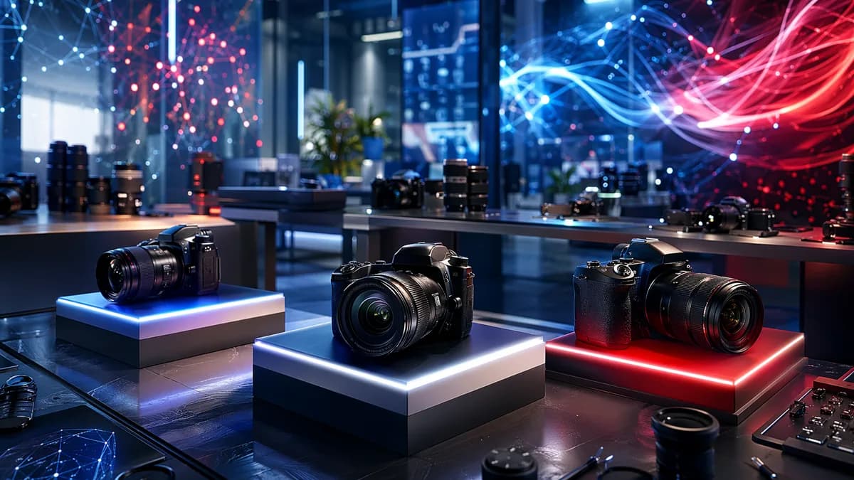 Premium cameras on glowing displays in a futuristic tech retail space with festive red, white, and blue lighting.