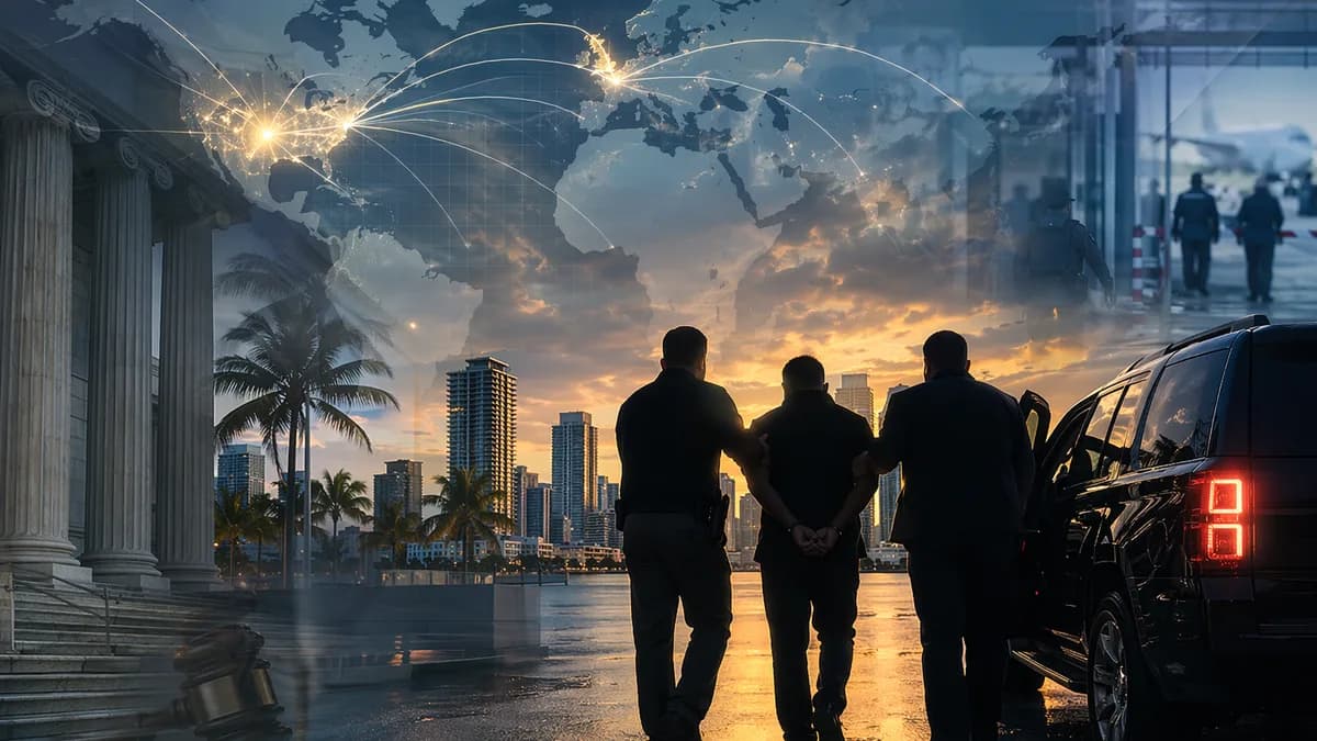 Symbolic Miami arrest scene with global map links between the US and UK for extradition charges.