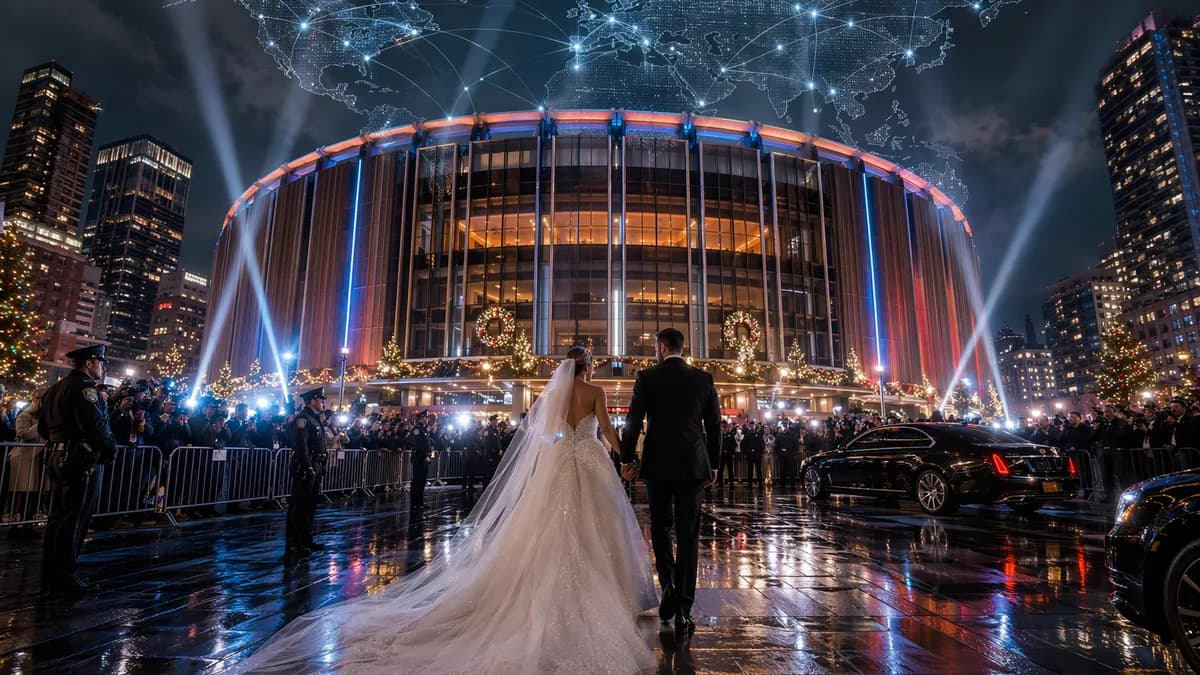NYC arena wedding scene with security, media crowds, and global connection map overlay