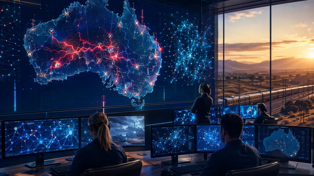 Telecom control room showing disrupted Australian network and emergency service links