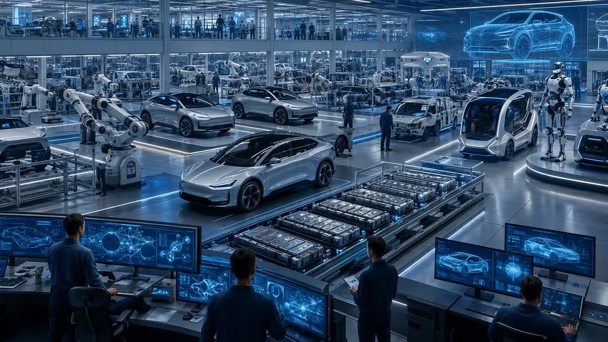 Unbranded EV factory with robotic arms, autonomous driving screens, and futuristic mobility prototypes.
