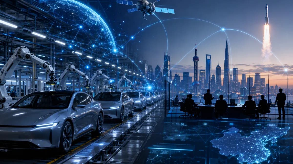 Unbranded EV factory in China linked to a rocket launch, suggesting a high-stakes tech merger.
