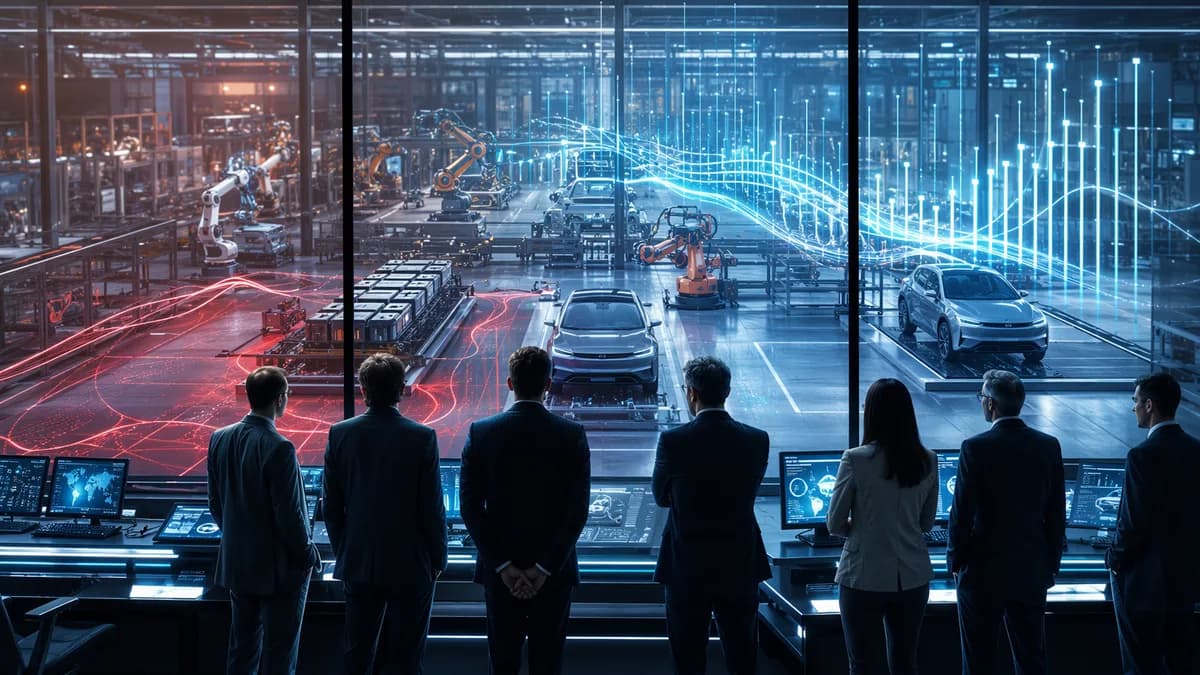 Electric vehicle factory control room with glowing finance visuals suggesting revenue rebound and cash pressure