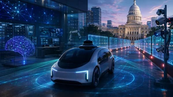 Generic robotaxi facing regulatory barriers and sensor scans near a courthouse in a futuristic tech city.