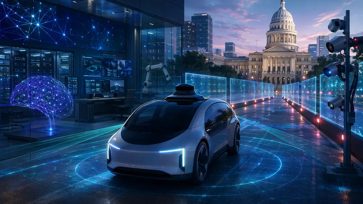 Generic robotaxi facing regulatory barriers and sensor scans near a courthouse in a futuristic tech city.