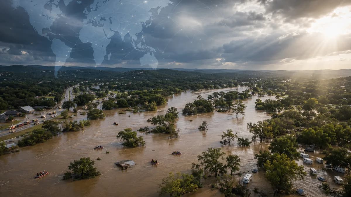 Aerial view of Texas river flooding with rescue boats, storm clouds, and subtle global map connections.