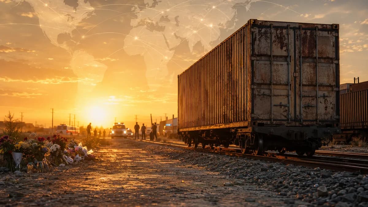 Somber Texas rail yard with sealed cargo container, heat haze, investigators, and faint global map connections.