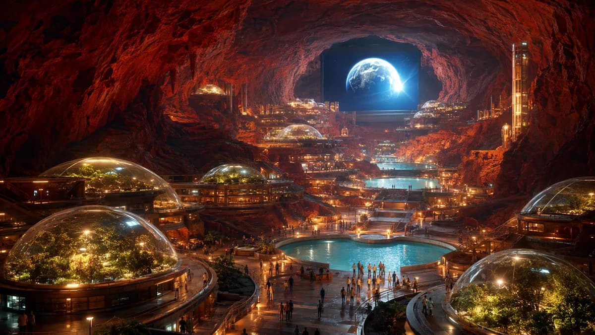Wide establishing shot of a terraced Mars city inside a vast lava tube, warm habitat lights glowing against red stone, transparent pressure domes around gardens, tiny figures gathering near water reservoirs, Earth visible as a bright star on a public scre