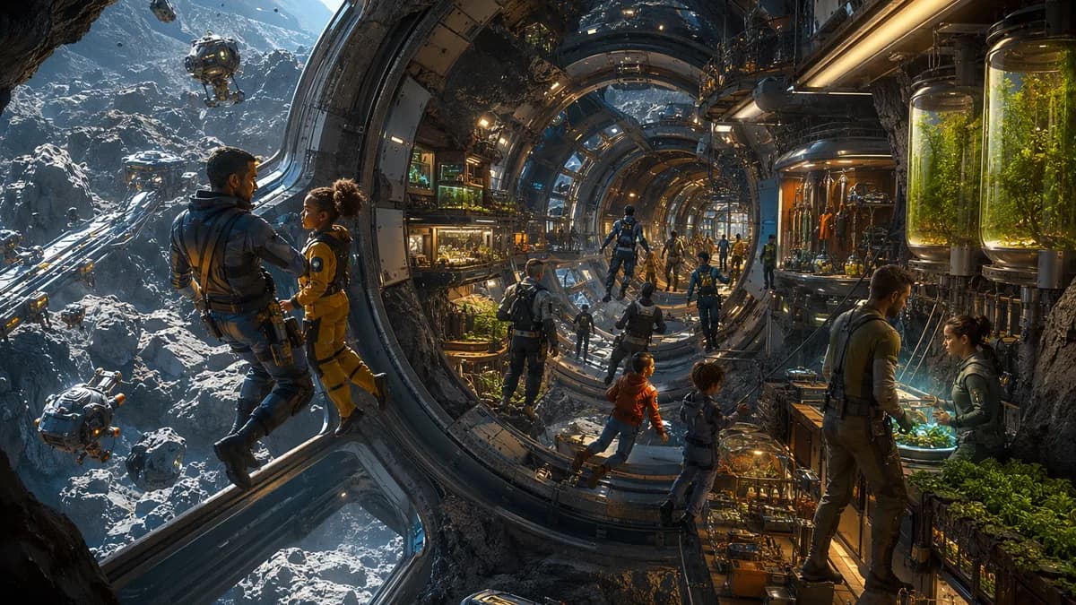 Medium scene inside an asteroid mining habitat built into metallic rock, diverse families and engineers floating through a rotating communal market with algae stalls, tool lockers, and windows showing mining drones and a sunlit asteroid surface outside, d