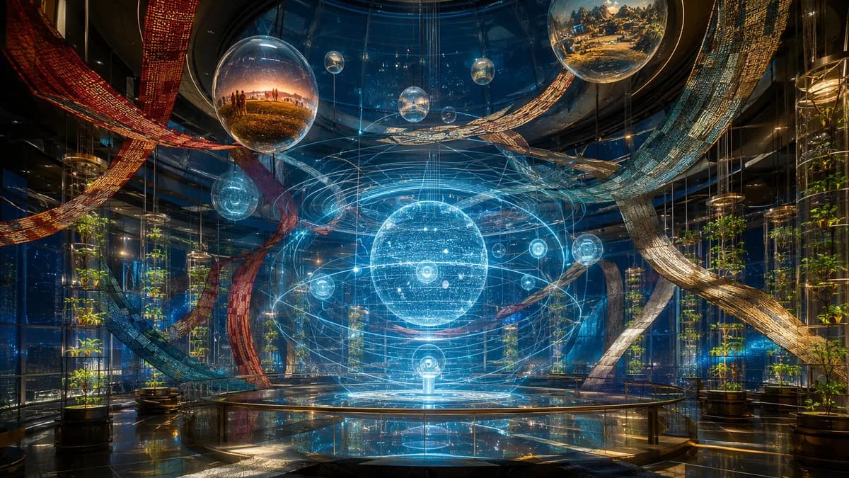 Detail/concept image of a generation ship cultural archive chamber: suspended translucent memory spheres, seedlings in microgravity biotubes, woven fabric strips from Mars, Earth, and asteroid settlements drifting around a central holographic star map, no
