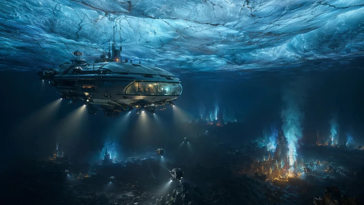 Wide establishing shot of a sleek 2079 research vessel suspended beneath Europa’s cracked blue-white ice shell, floodlights illuminating a vast black ocean and glowing hydrothermal vents in the distance, tiny autonomous probes drifting like fireflies, awe