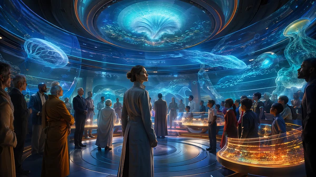 Medium scene inside an Earth-based sensory translation chamber, Dr. Mara Venn standing among curved haptic panels and suspended holographic ocean maps as scientists, diplomats, monks, and schoolchildren experience the alien reply through light and vibrati