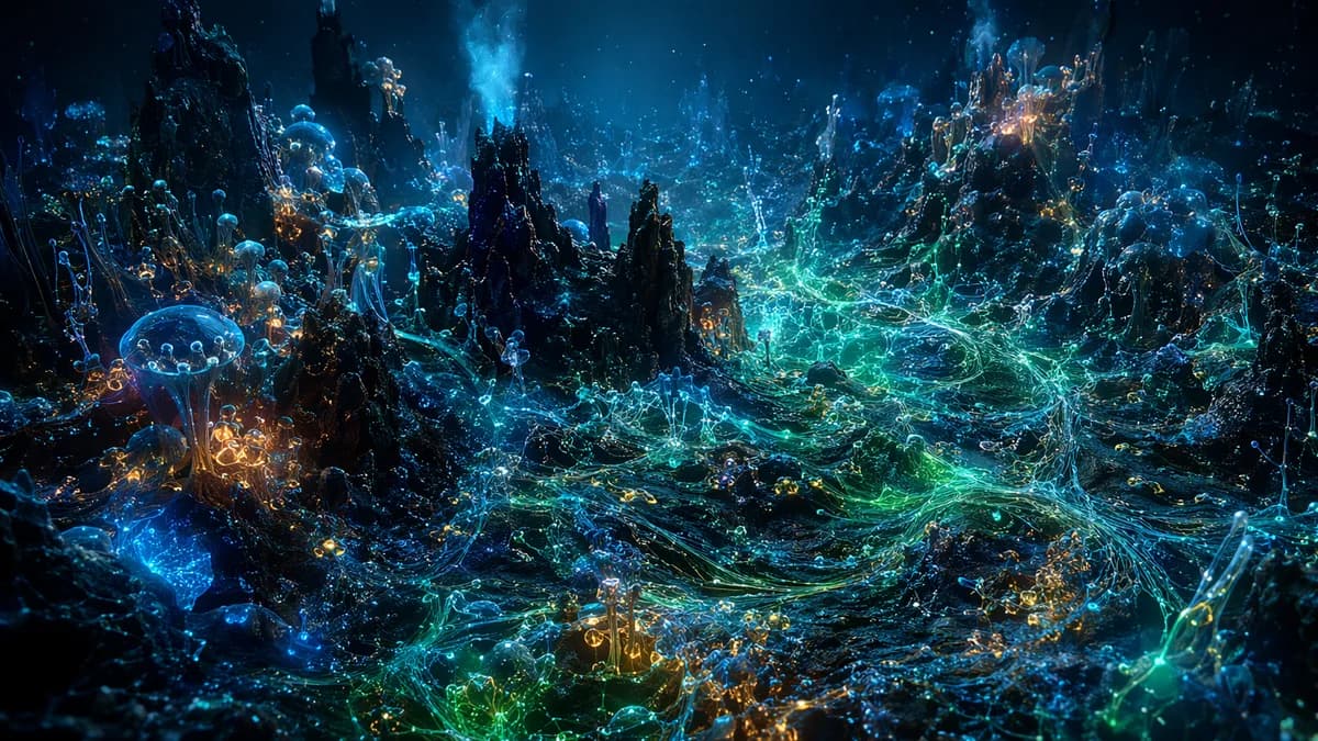 Detail concept image of Europan microbial structures forming luminous mineral filaments across a dark seafloor vent, patterns suggesting a collective neural network without resembling human technology, bioluminescent blues, greens, and amber currents swir