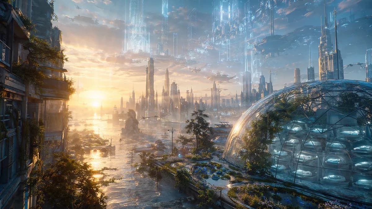 Wide establishing shot of a near-future coastal city at dawn, half-flooded streets reflecting soft gold light, a transparent civic dome filled with sleeping immersion pods beside tidal gardens, faint holographic outlines of a second impossible city layere