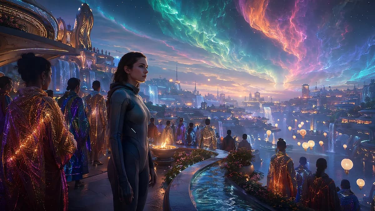 Medium scene inside Sombell during the Rain Return festival, simulated citizens in luminous woven clothing gathered on terraced rooftops under a sky where gentle aurora-like weather forms from human emotions, Mara standing among them in a simple immersion