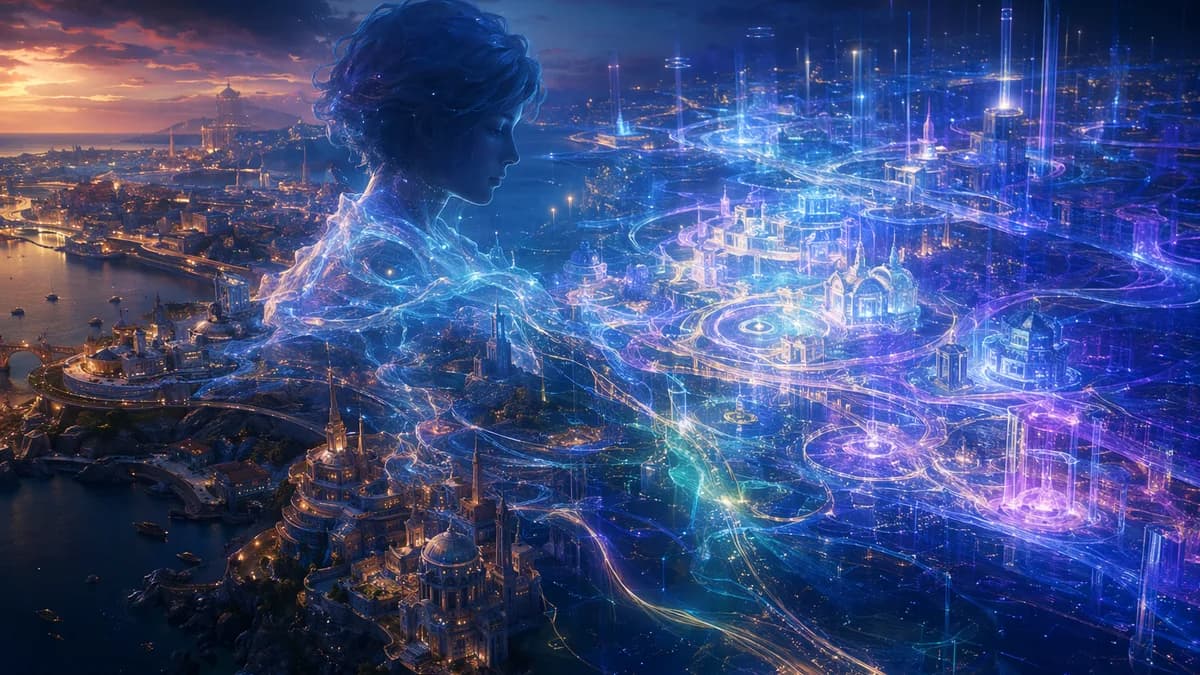 Detail/concept image of a shared civic interface without readable symbols: two overlapping city models, one physical and coastal, one virtual and radiant, connected by streams of light like memory currents; a translucent blue-hour figure dissolving into t