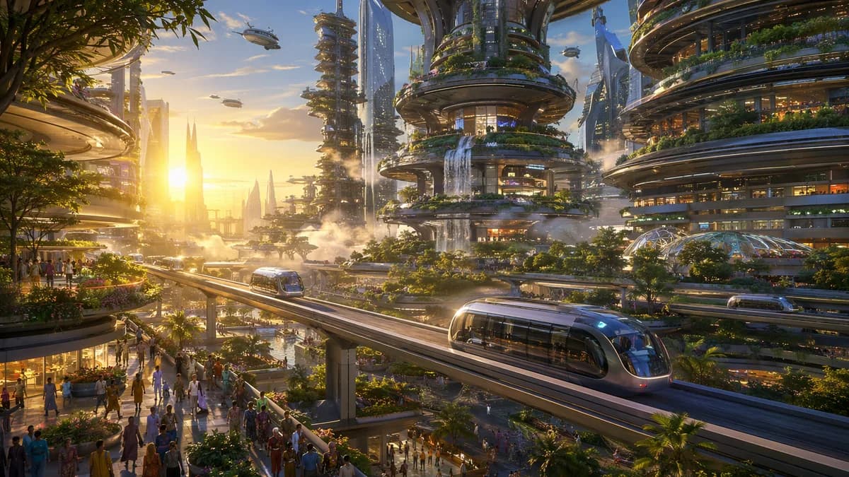 Wide establishing shot of New Lagos Arcology in 2060 at sunrise, autonomous trams gliding through elevated green corridors, vertical farms stacked like glowing terraces above pedestrian plazas, cooling mist drifting between towers, diverse residents movin
