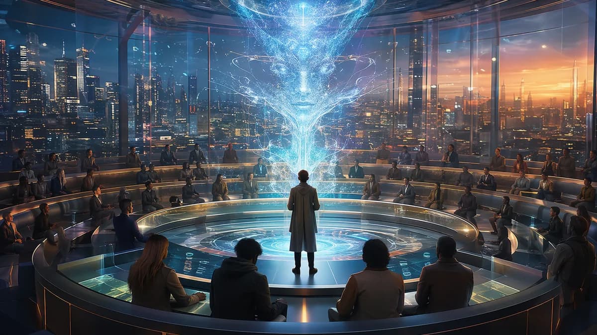 Medium scene inside a transparent civic governance chamber overlooking the city, a mobility designer facing a calm holographic municipal AI represented by abstract light patterns, human delegates seated in circular tiers, data-like illumination reflected