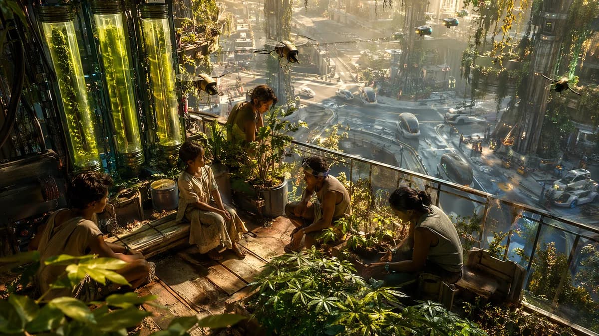 Detail/concept image of an elevated farm balcony hidden above a busy intersection, algae tubes, cassava leaves, pollinator drones, improvised benches, children and workers gathering in soft afternoon light, autonomous pods passing far below, intimate sens