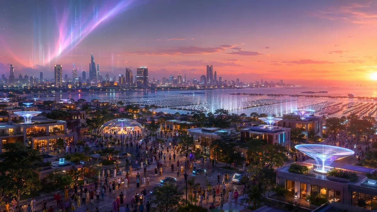 Wide establishing shot of near-future Lagos at dusk, quiet streets without diesel smoke, rooftop wireless energy receivers glowing softly, distant lagoon rectenna fields shimmering like silver reeds, fusion-beam auroras faintly visible in the sky, diverse