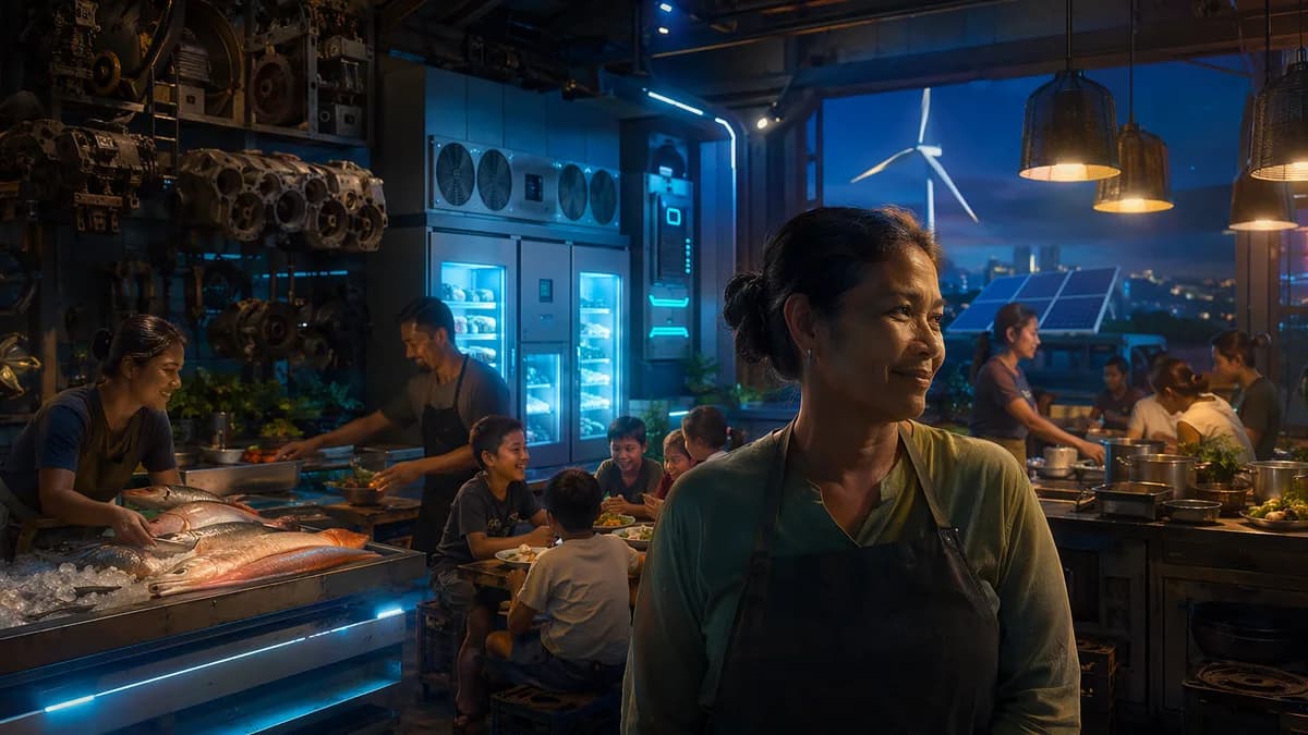 Medium scene inside a repurposed generator repair shop turned community cold-room and kitchen, old engine parts hanging beside sleek clean-energy appliances, fish sellers and children sharing chilled food under warm lamps, a middle-aged woman smiling with