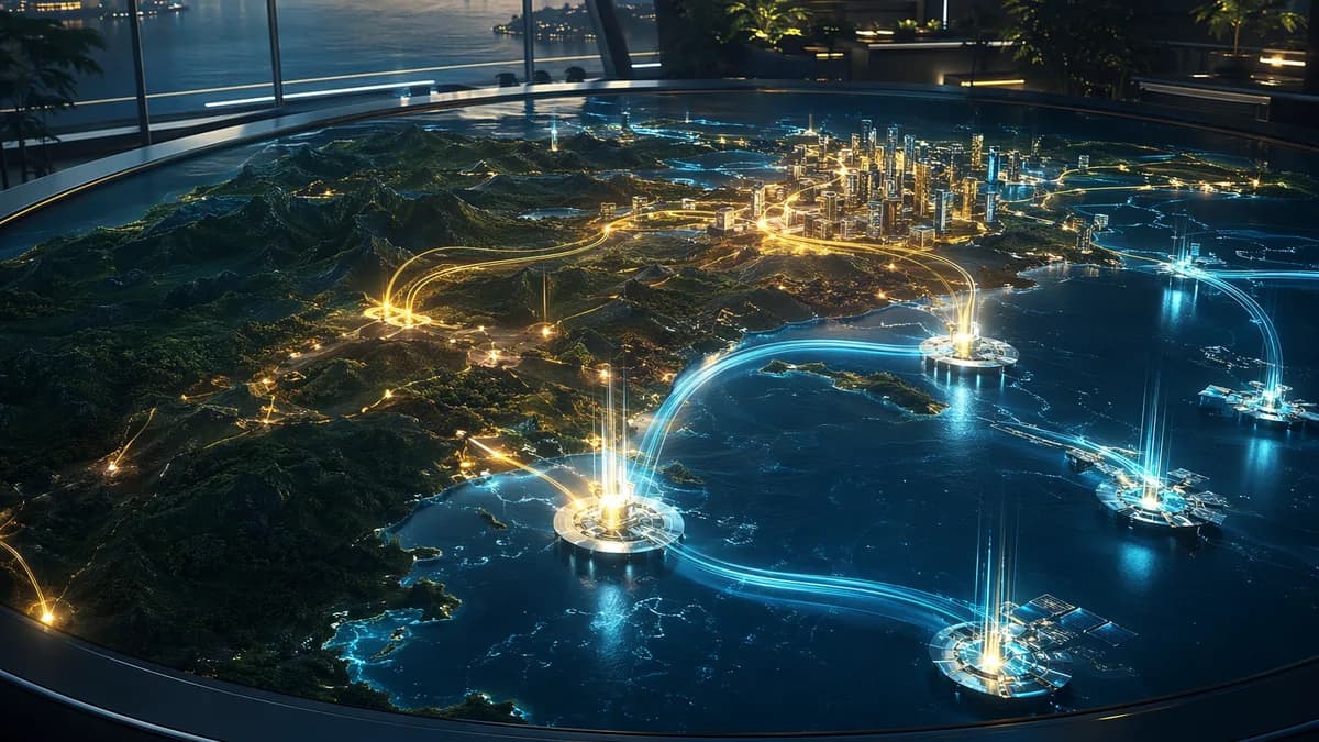 Detail/concept image of a city energy cartography table showing abstract glowing beam paths as flowing light across miniature buildings, coastlines, dark ecological corridors, and floating desalination platforms, no readable interface markings, elegant te