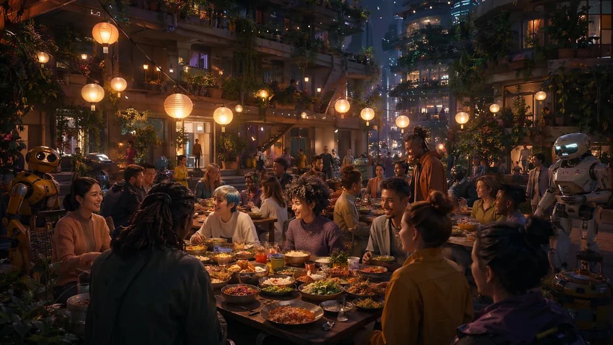 Medium scene inside a shared apartment courtyard dinner after a delivery mistake, diverse neighbors gathered around long improvised tables of mismatched food, soft lantern light, household robots waiting politely at the edges, people laughing and trading