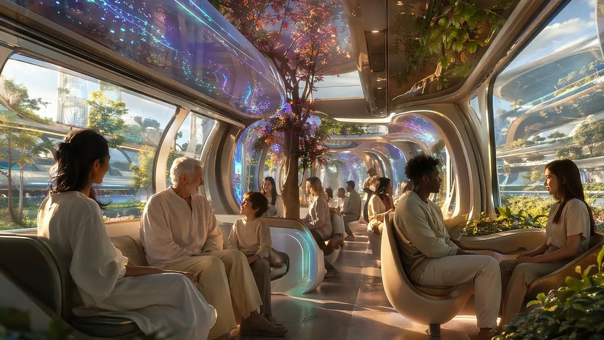 Detail/concept image of an AI-designed city transit interior with curved glass, living plants, ambient data represented as abstract light patterns, passengers from different generations talking instead of staring at screens, subtle sense of intentional sl