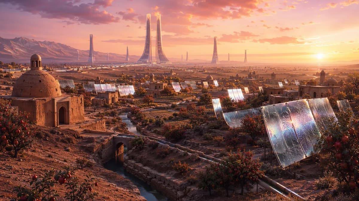 Wide establishing shot of a near-future Iranian desert village at dawn, ancient qanat channels winding between half-dead pomegranate orchards and new translucent water-harvesting glass panels shimmering with dew, distant solar towers on the horizon, warm