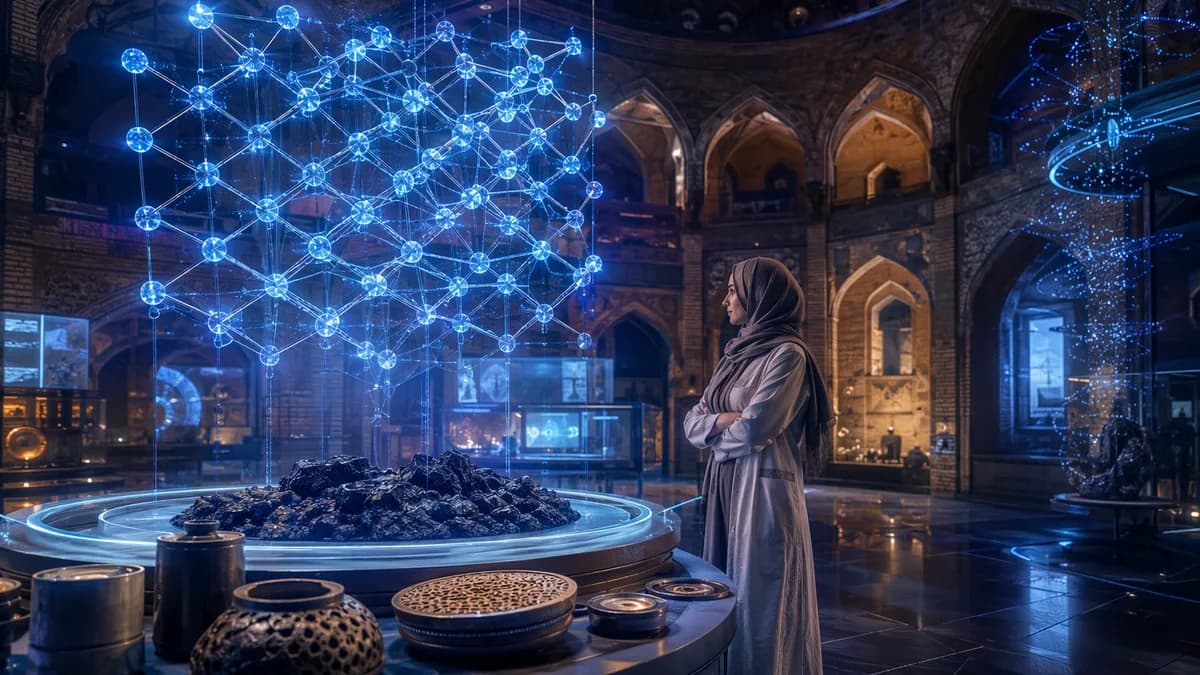 Medium scene inside a quantum materials observatory built into a restored caravanserai, a woman scientist standing beside a suspended holographic molecular lattice above basalt dust samples and ceramic resonators, soft blue quantum glow mixing with tradit