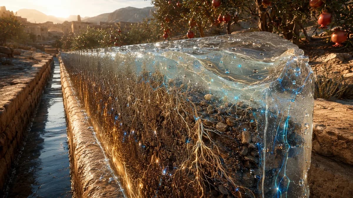 Detail/concept image of memory glass integrated into an old irrigation channel: translucent porous mineral sheets beaded with water droplets, pomegranate roots visible through clear soil sensors, subtle encrypted light patterns flowing through the materia