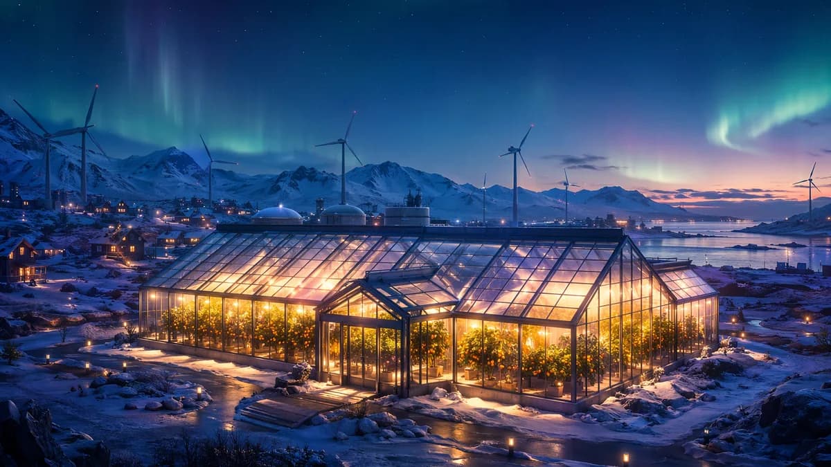 Wide establishing shot of a glass municipal greenhouse glowing warmly in a snowy subarctic town during blue polar twilight, aurora faint above, rows of citrus trees visible through fogged panes, wind turbines and low wooden homes in the distance, hopeful